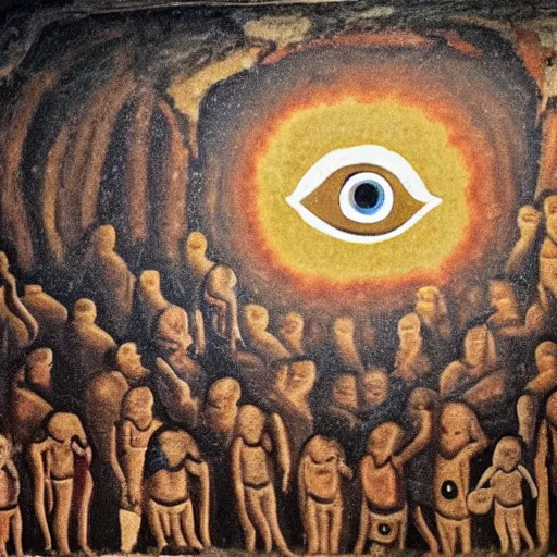 Image similar to a cave painting of a giant eye floating above a crowd of people