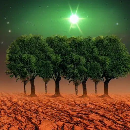 Image similar to city on mars with green trees