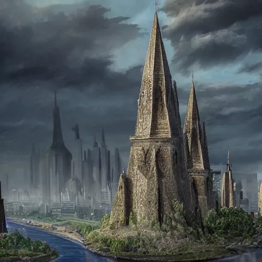 Prompt: an ultra detailed matte painting of the one impossibly tall black spire in the palace district on an island in a river elevated high above the city fortress tower, fantasy, ultrawide lense, aerial photography, volumetric lighting, exquisite detail, octane render, 8 k postprocessing, art by brandon sanderson and robert jordan and artgerm and greg rutkowski and alphonse mucha