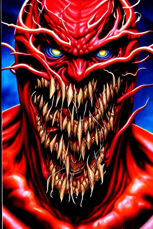 Prompt: airbrush portrait of carnage from marvel masterpieces trading cards by dimitri patelis