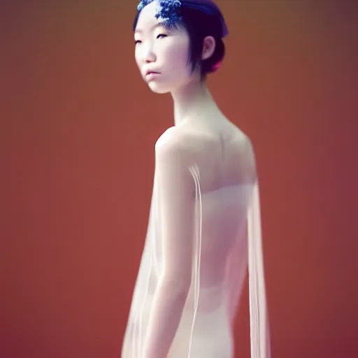 Image similar to a instax photo of fuji mountain, a tall japanese girl in a transparent sheer fabric dress against the background of fuji mountain, perfect faces, fine details, severe snow, full body shot, perfect symmetrical body, coherent symmetrical eyes, by peter kemp, by monia merlo, hyperrealistic, hyperdetailed, octane render, 8 k