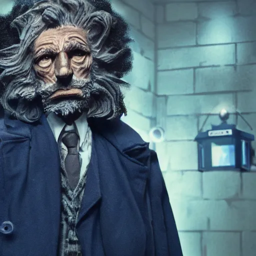 Prompt: poor lion man as a rough dirty old man with a scruffy beard in a dark blue trenchcoat as the new doctor who, cinematic, volumetric lighting, f 8 aperture, cinematic eastman 5 3 8 4 film, photorealistic