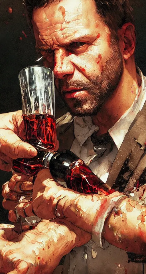 Image similar to close up of bloodied max payne pouring vodka, sun shining, photo realistic illustration by greg rutkowski, thomas kindkade, alphonse mucha, loish, norman rockwell.