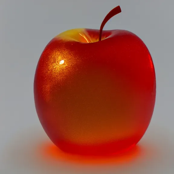 Prompt: a scientific illustration of an apple, beautiful shaped glass sculpture made of lava flame frosted glass with a light orange white tint. studio lighting, high resolution, high quality, very detailed