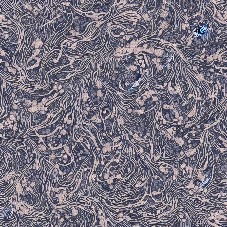 Image similar to beautiful and artistic mycelium on a fantastic planet and unusual critters of the ocean, highly detailed, seamless tiling pattern with optical illusion