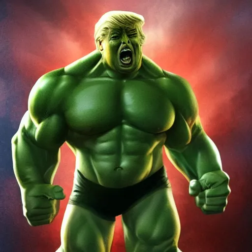 Prompt: donald trump as the hulk, by stan lee, highly detailed, excellent composition, dramatic lighting, trending on artstation