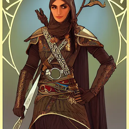 Image similar to Emeth the elven desert bandit. Arabian style. Epic portrait by james gurney and Alfonso mucha (lotr, witcher 3, dnd, dragon age, gladiator, scoia'tael). Practical light armor.