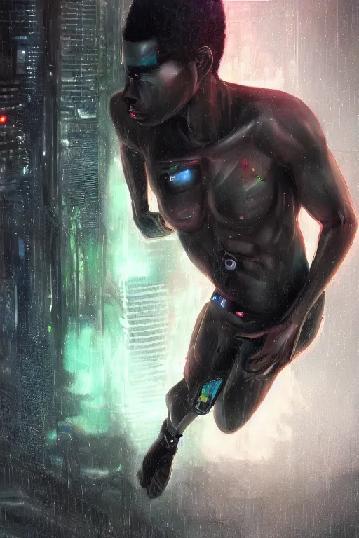 Prompt: black male cyborg body modifications hd james paick low perspective! cyberpunk city neon rain