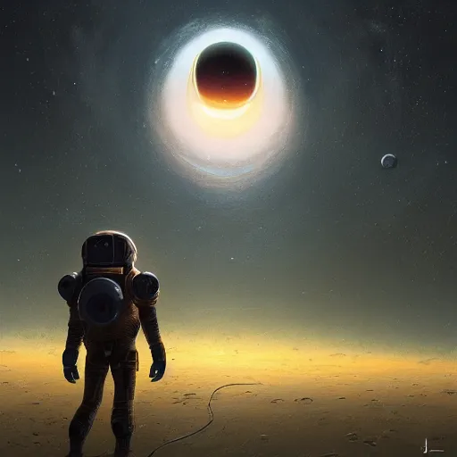 Prompt: Spacesuit alien Protoss stepping through Portal immense vivid landscape simon stalenhag jakub intricate vast wild unroamed desert with uranium planet orb floating above Jakub rozalski