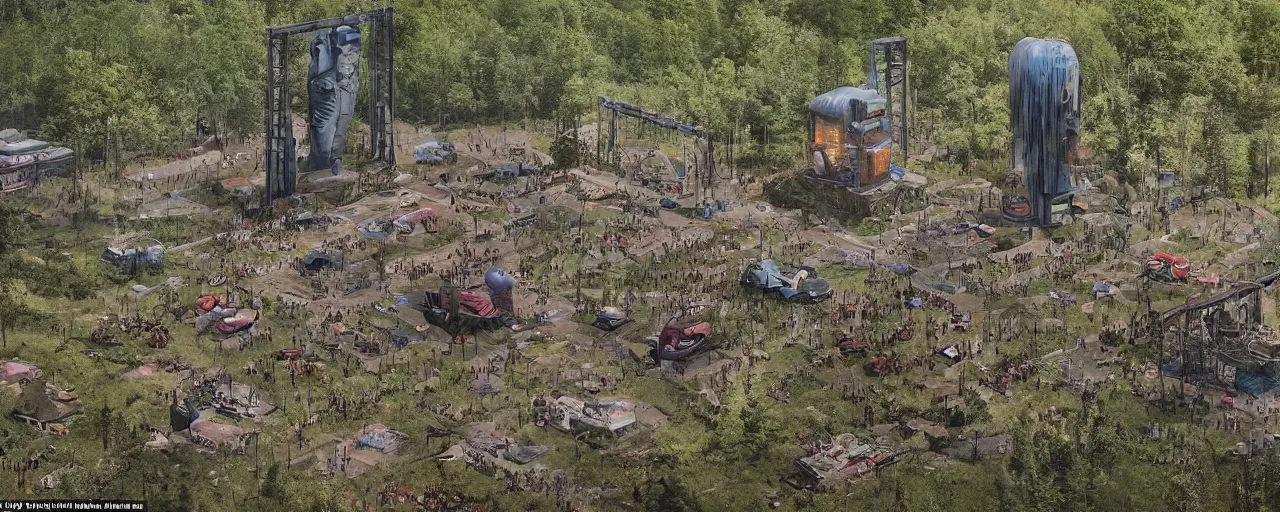 Image similar to a festival with aliens on stage and in the audience. the festival takes place in an old abandoned soviet city that is partially overgrown, in the style of simon stalenhag