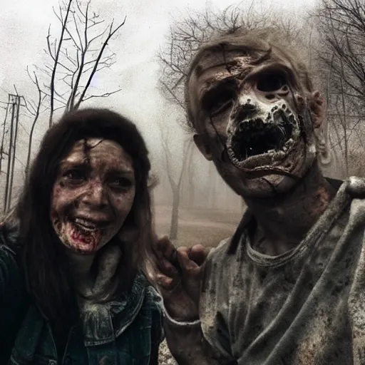 Image similar to humans last selfie, post apocalyptic, award winning, horror