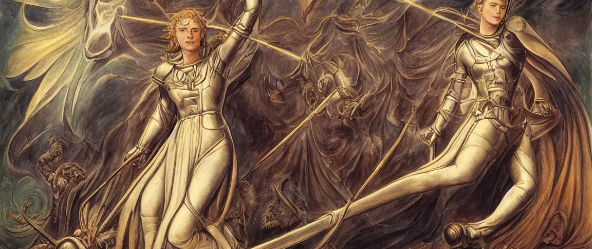 Prompt: beautiful jeanne d'arc in the style of william blake, terese nielsen, writ faith, 8 k resolution