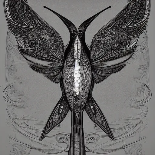 Image similar to very technical and detailed robot hummingbird, Center Frame, intricate details, ultra-detailed, baroque style, illustration, desaturated, concept art