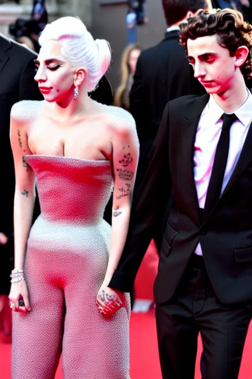 Image similar to timothee chalamet and lady gaga holding hands on the red carpet, beautiful detailed faces