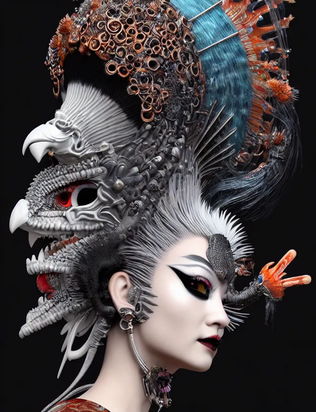 Image similar to 3 d goddess close - up profile portrait punk with mohawk with ram skull. beautiful intricately detailed japanese crow kitsune mask and clasical japanese kimono. betta fish, jellyfish phoenix, bio luminescent, plasma, ice, water, wind, creature, artwork by tooth wu and wlop and beeple and greg rutkowski