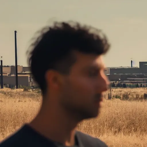 Image similar to a guy in a grey shirt and blue jeans with black hair and no facial hair looking in the distance to see a factory ( high detailed, greatly illustrated, good quality photo shot, amazed details and uhd cinematic movie shot )