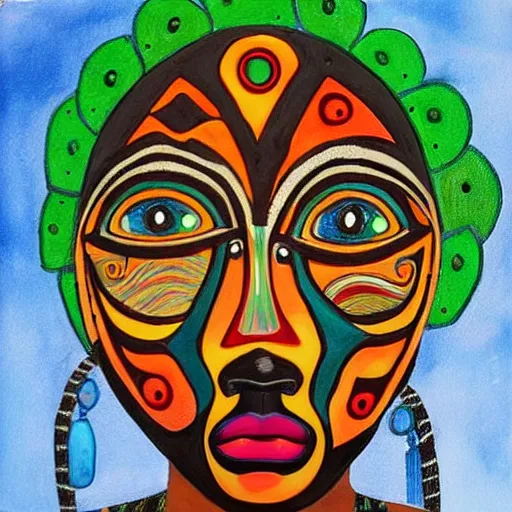 Image similar to Art in the style of Octavia Ocampo, Gaia, Mother Earth, side portrait, tribal mask inside mask, afrocentric mysticism