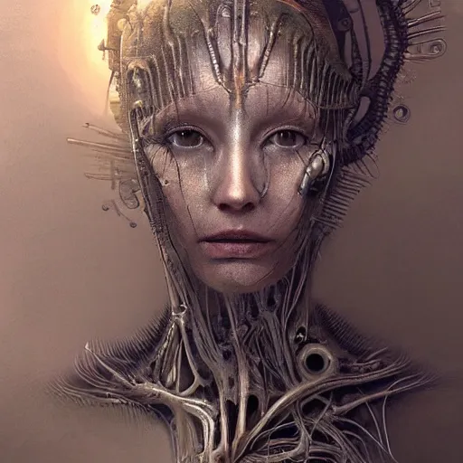 Prompt: surreal portrait of a woman by Greg Rutkowski and H.R Giger, a woman with a kind of visor, transformed into a kind of biomechanical transhuman goddess, disturbing, terrifying but fascinating, cosmic void background, frightening, fascinating, highly detailed portrait, digital painting, book cover, artstation, concept art, smooth, sharp foccus ilustration, Artstation HQ.