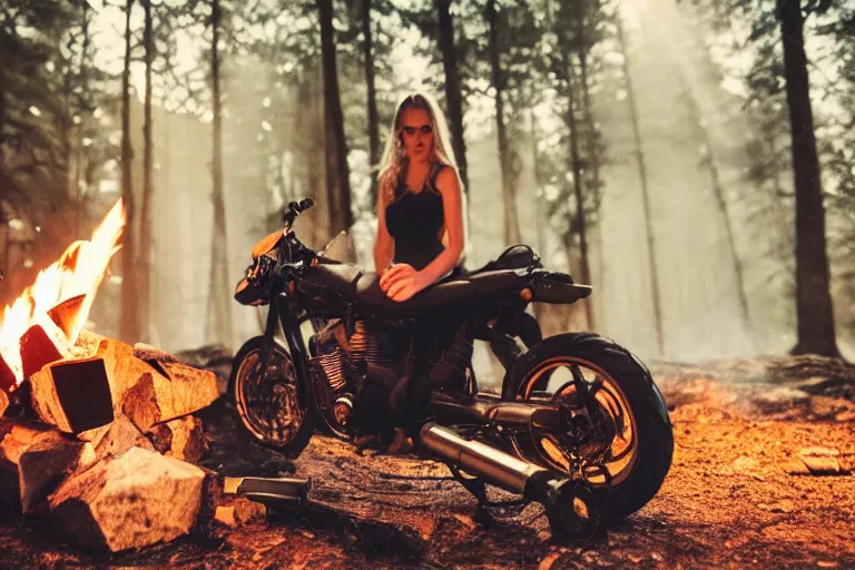 Image similar to girl with a motorcycle alone by the campfire, night in a dark forest, cinematic lighting, low angle photography, wide shot, hyperrealistic, 8k