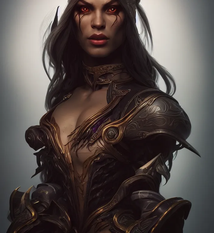 Image similar to a portrait of a dark elf, hyper detailed, digital art, trending in artstation, cinematic lighting, studio quality, smooth render, artgerm, joshua middleton, rafael albuquerque, unreal engine 5 rendered, octane rendered, art style by klimt and nixeu and ian sprigger and wlop and krenz cushart