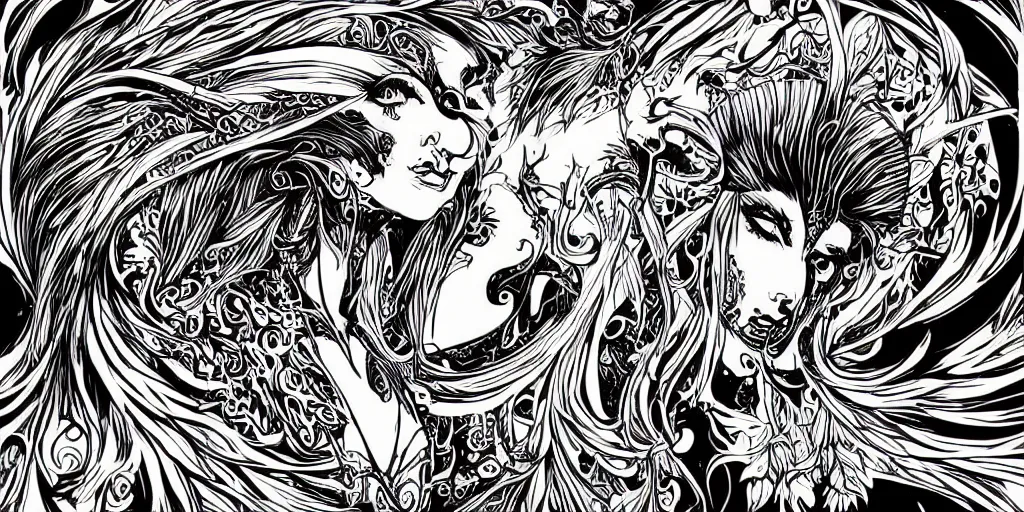 Prompt: fantasy character, beautiful vector art by aaron horkey, pure b&w