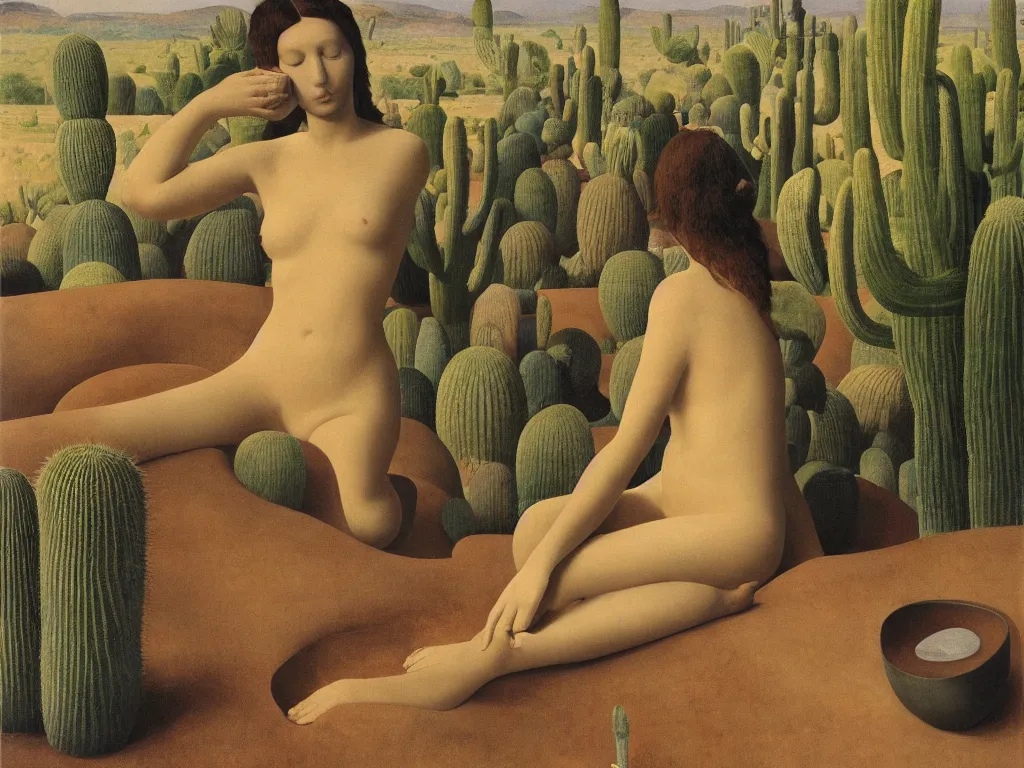 Prompt: Woman sculpted by Henri Moore taking a bath alone in a strange, giant ceramic basin sculpted river. Alien, selenar, crater landscape with cacti. Painting by Georges de la Tour, Alex Colville, Balthus