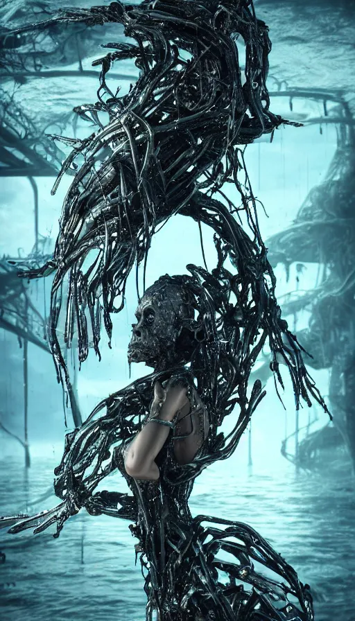 Image similar to a biomechanical sea witch emerging from the ocean, made up of bits of black metal and plastic, shiny, wet, made of nanofibres, metallic, cyberpunk, post apocalyptic, hyper realistic, epic, beautiful composition, octane render, unreal engine render, 8k, super detailed, SLICK!!