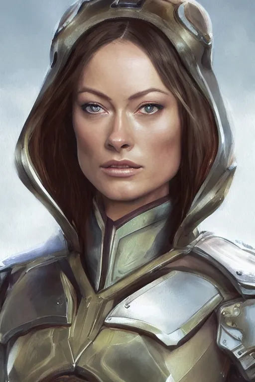 Image similar to a professional painting of a young Olivia Wilde, clothes in military armor, olive skin, long dark hair, beautiful bone structure, symmetrical facial features, intricate, elegant, digital painting, concept art, smooth, sharp focus, illustration, from StarCraft by Ruan Jia and Mandy Jurgens and Artgerm and William-Adolphe Bouguerea