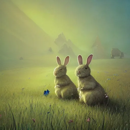 Image similar to adorable rabbits in verdant fields, delight! by zdzislaw beksinski and gediminas pranckevicius and tiffany bozic, cold hues, warm tone gradient background, concept art, beautiful composition, digital painting