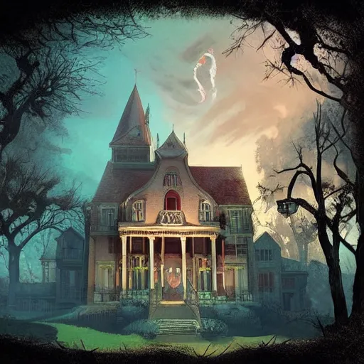 Image similar to haunted mansion, digital art, artstation, concept art, vintage pulp art