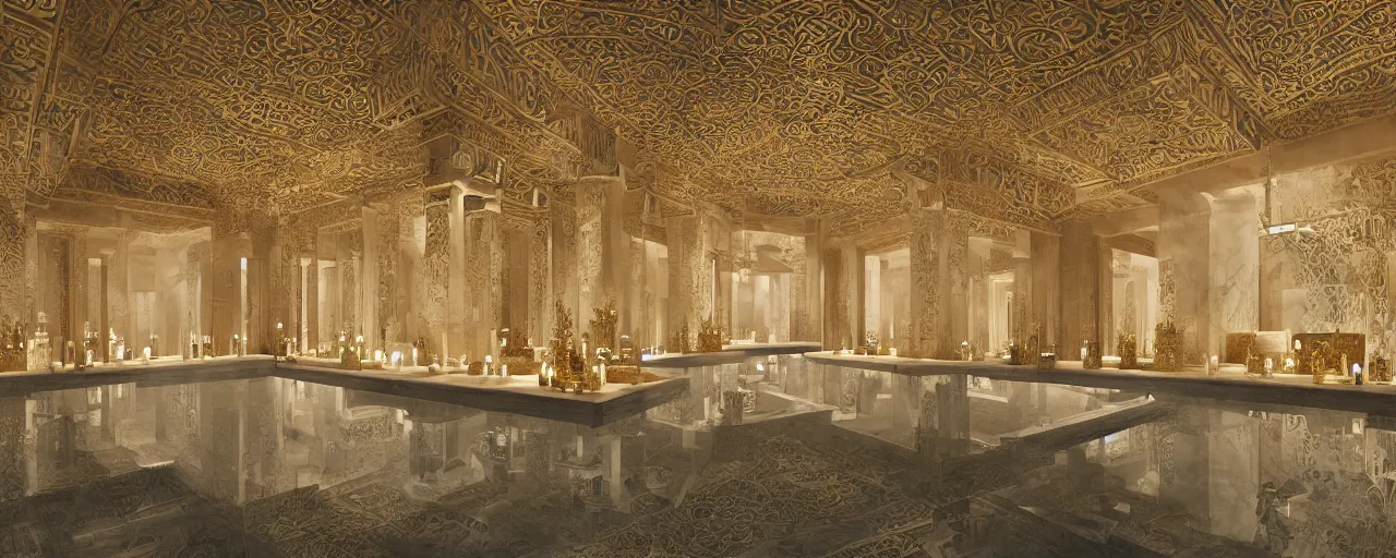 Image similar to photo of a cinematic interior of a double height hyper luxury spa with everything made of gold, candles, beige stone marble floor, wellness relaxation pool, intricate hieroglyph detailed roof, contemporary design, sacred geometry, 8 k, hyperrealistic, photorealism, windows with view to wadi al disah mountains