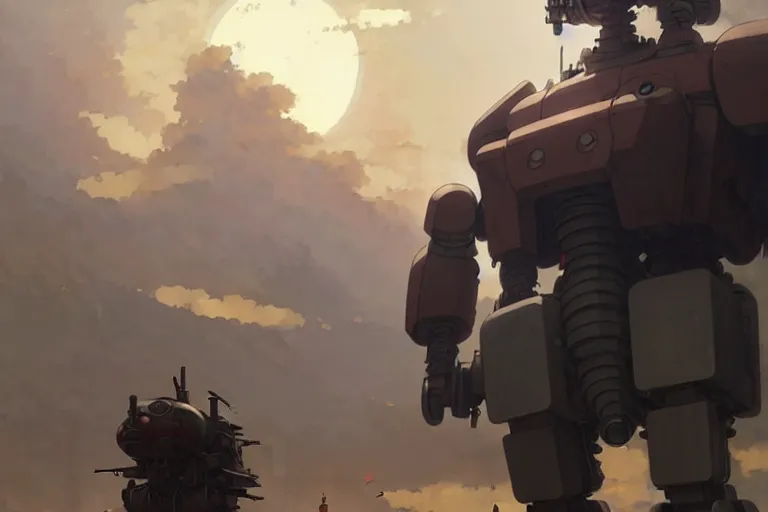 Prompt: dieselpunk, giant robot, painted by greg rutkowski makoto shinkai takashi takeuchi studio ghibli, akihiko yoshida