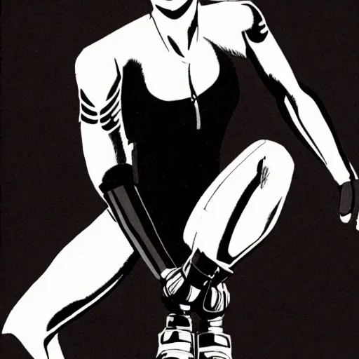 Image similar to Trinity the matrix, Female sprinter in athletic attire with cyborg legs, metal body, diesel punk, athletic footage, 1980's, olympics, cinematic, art deco