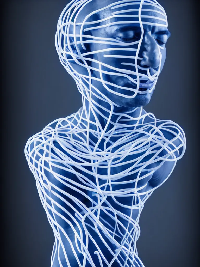 Image similar to a fine art photograph formal self sculpture by the artist kelbv, in realistic style with tubes neatly navigating the contours of his body, and disjoint body pumped full with blue and white ellipsoids, perfect studio lighting.