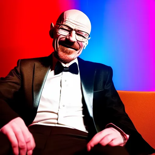 Image similar to portrait of walter white in a tuxedo, laughing in a modern night club, neon lights