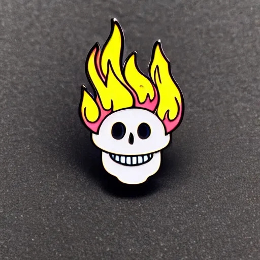 Prompt: a highly detailed retro minimalistic smiling happy skull with fire flame enamel pin