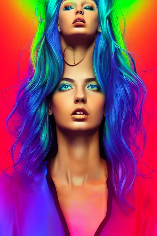 Image similar to a award winning half body portrait of a beautiful woman with stunning eyes in a croptop and cargo pants with rainbow colored ombre hairstyle head in motion and hair flying by thomas danthony, outlined by whirling illuminated neon lines, outrun, vaporware, shaded flat illustration, digital art, trending on artstation, highly detailed, fine detail, intricate