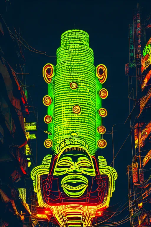 Image similar to high quality photo hyperrealistic cyberpunk hanuman head building, neon yellow madhubani, highly detailed, in sci - fi mumbai, cinematic smooth, liam wong, moody light, low angle, uhd 8 k, sharp focus