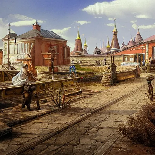 Prompt: matte painting of russian small town in steppes by stephen hickman