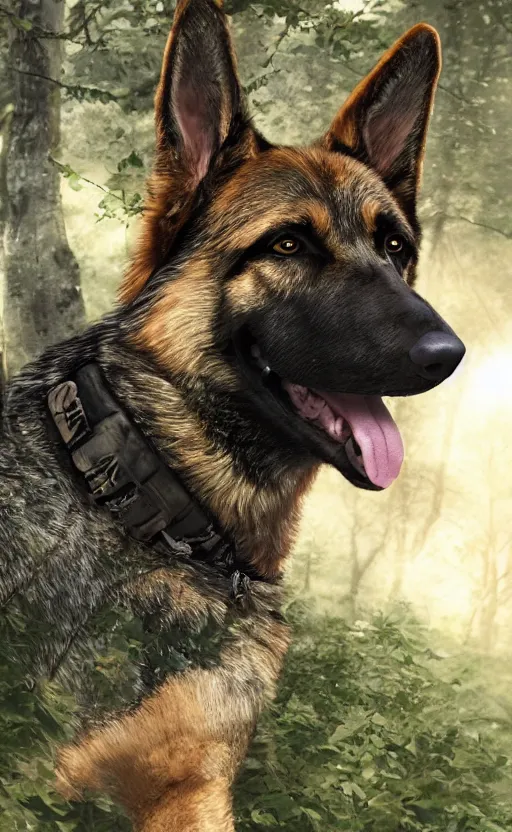 Prompt: close up character portrait icon of the german shepard military uniform head animal person fursona wearing clothes standing in the bright forest, hidari, color page, tankoban, 4 k, tone mapping, akihiko yoshida