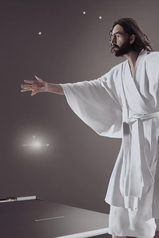 Prompt: jesus christ wearing a white robe strikes a dance pose in a hospital while playing epic game of ping pong, intricate, hyper detailed, accent lighting, dramatic light, 4 k octane render