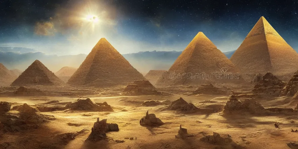 Image similar to beautiful painting of a landscape with alien pyramids with jewels and ornate gold decor by kim jakobsson, takato yamamoto, clement - auguste andrieux and santiago caruso trending on artstation sunshine rays cryengine behance hd 8 k 3 d 8 k resolution photoillustration ambient occlusion ancient egyptian hieroglyphs, stars with lasers