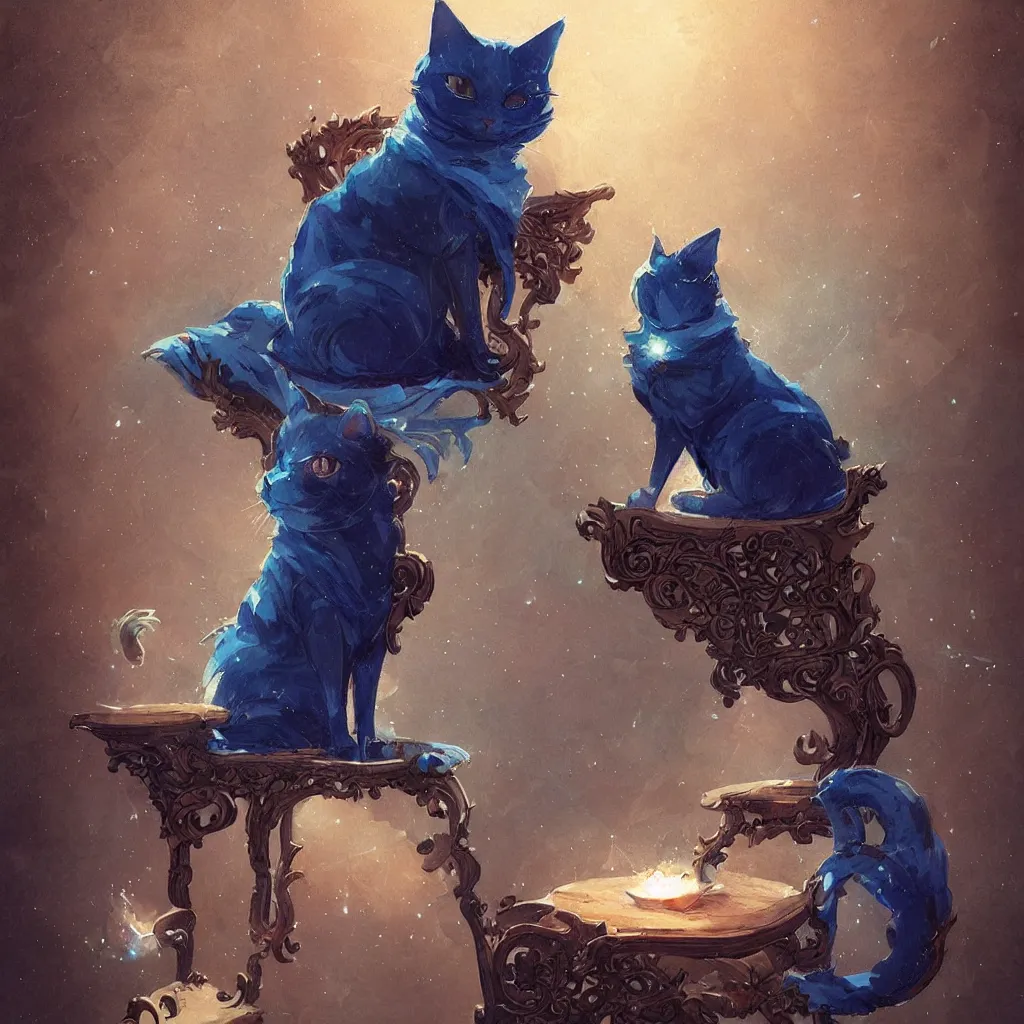 Image similar to anime cat with cloak sitting on a magical wood carved chair, super powers, glowing tiny blue lines, concept art, by greg rutkowski, overdetailed art