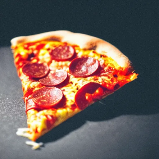 Image similar to a macro photo of a slice of pizza, cheese and pepperoni, hyper realistic, hyper detailed, 35mm, very grainy film, volumetric studio lighting, bokeh, black background award winning shot, vogue magazine, cinematic, 8k, very closeup, elegant, tender, pastel