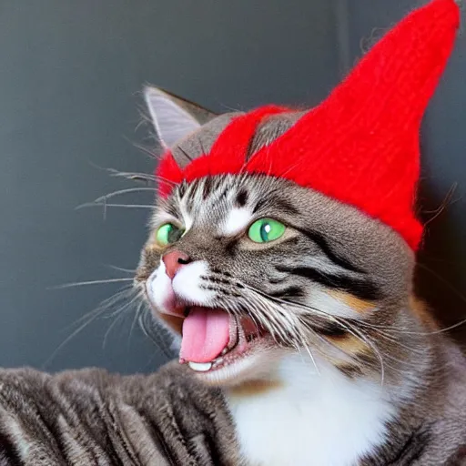 Image similar to cute cat photo, tongue, wearing wool hat, cat ears