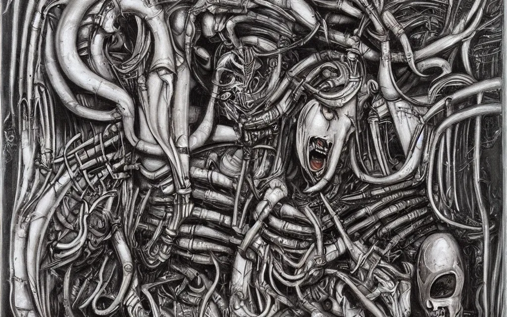 Image similar to a beautiful painting representative of the art style of h. r. giger