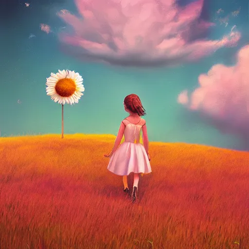 Prompt: giant daisy flower as a head, girl walking in grass, hills, surreal photography, moon light, dark night, dramatic, impressionist painting, clouds, digital painting, artstation, simon stalenhag