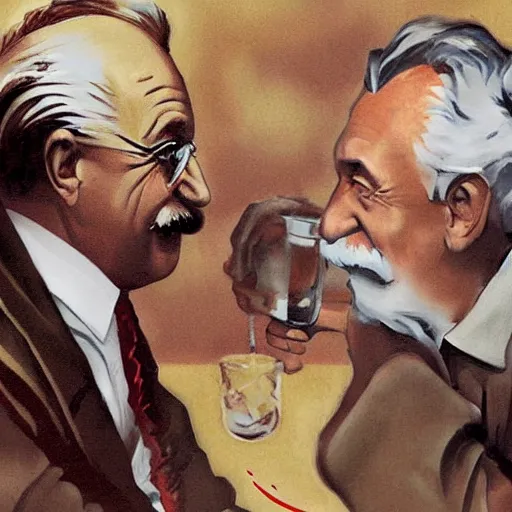 Image similar to Albert Einstein discussing a war strategy with Stalin on a caribbean beach while drinking rum, digital painting, concept art, detailed