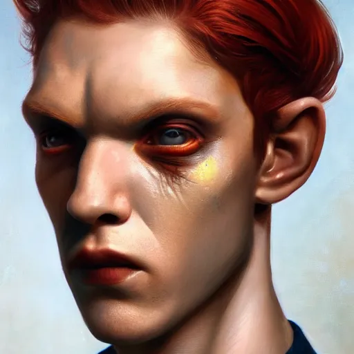 Image similar to portrait of a beautiful nonbinary actor with copper skin and messy short red hair wearing a men's suit, elf ears and yellow slitted eyes, by Gerald Brom and Ross Tran, hyper-realistic, dramatic lighting, 4K, trending on artstation