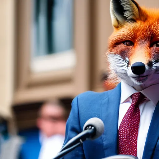 Image similar to a fox animal dressed in a suit giving a presidential speech, 8 5 mm f / 1. 4